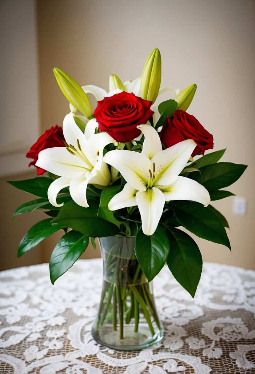 A white lily and red rose wedding bouquet with green leaves in a glass vase on a lace-covered table
