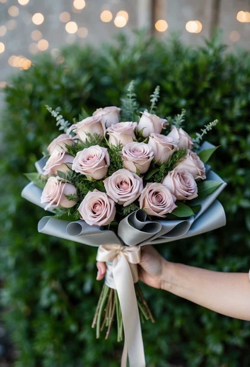 A hand-tied bouquet of dusty pink spray roses, mixed with greenery, wrapped in silk ribbon