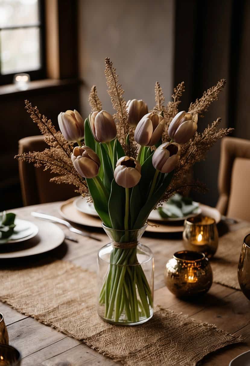 A bouquet of sepia tulips and acacia stalks sits on a rustic wooden table, surrounded by earth-toned wedding decor