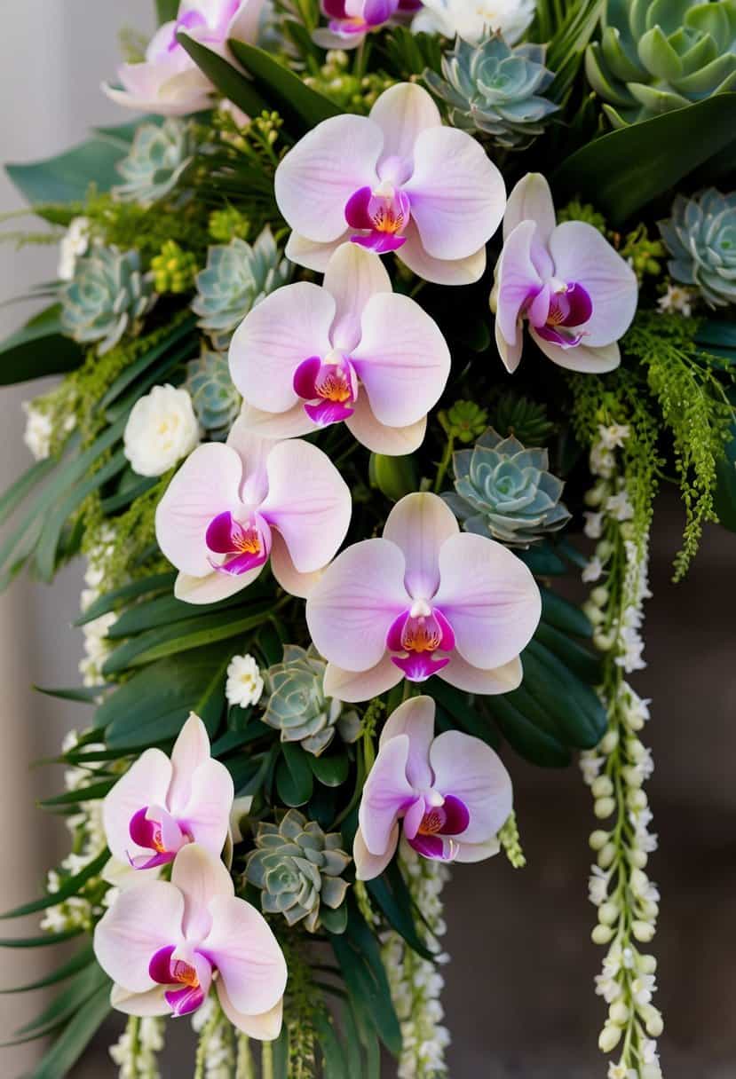 A delicate bouquet of light pink orchids and succulents arranged in a cascading style, with greenery and small white flowers interspersed throughout