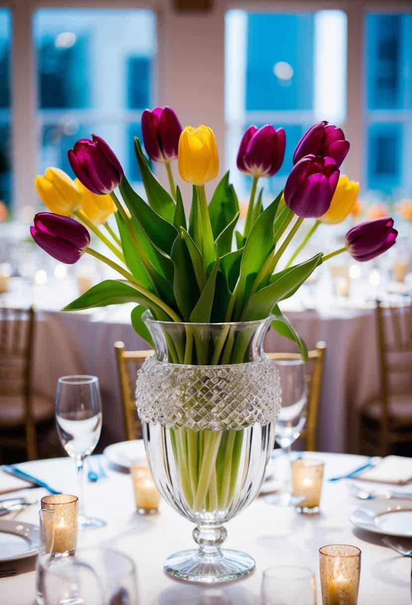 A crystal vase holds a vibrant bouquet of tulips, their long stems elegantly arranged for a wedding centerpiece