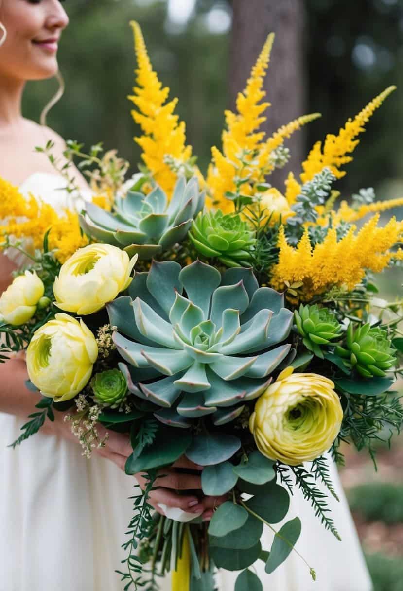 A goldenrod and succulent wedding bouquet, featuring vibrant yellow and green hues, arranged in a cascading design with delicate foliage and elegant blooms