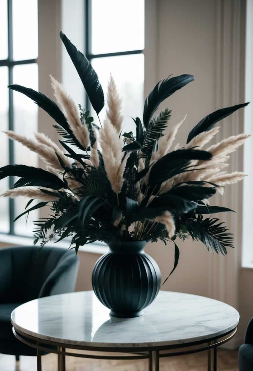 A sleek black wedding bouquet of pampas grass and dark foliage, arranged in an elegant vase on a marble table