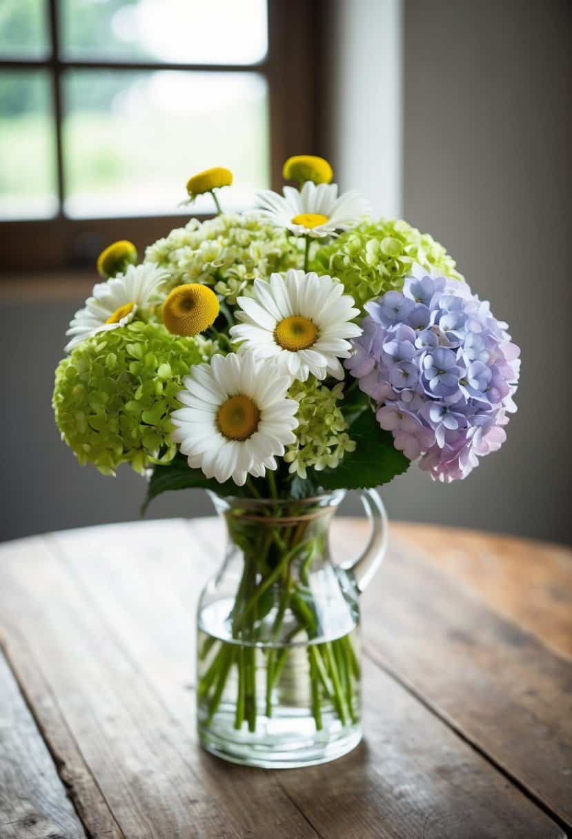 A delicate bouquet of daisies and hydrangeas arranged in a glass vase on a rustic wooden table