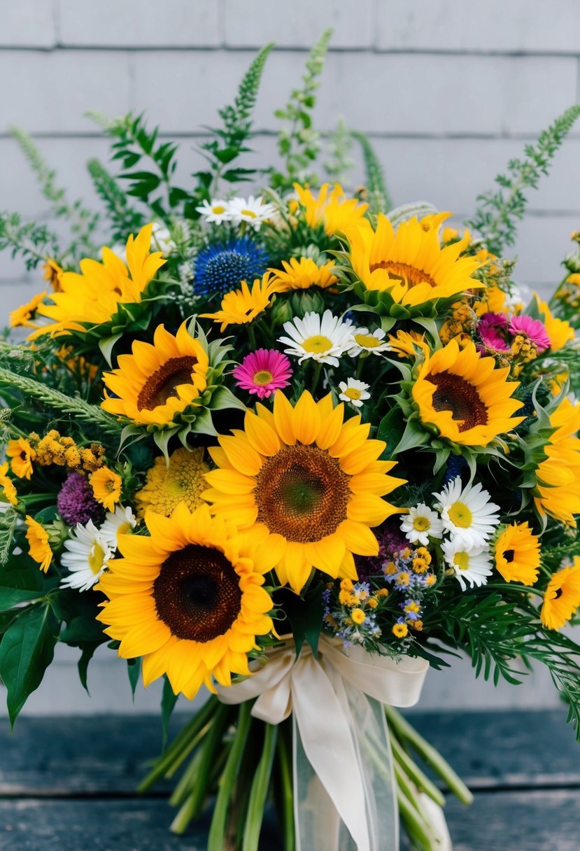 A vibrant bouquet of sunflowers, daisies, and wildflowers tied with a flowing ribbon. Overflowing with lush greenery and pops of colorful blooms