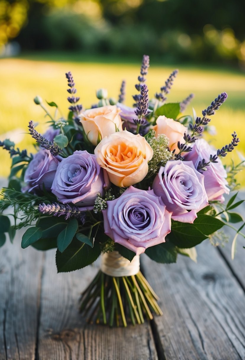 A lush bouquet of lavender and peach roses, accented with delicate greenery, sits atop a rustic wooden table in the warm glow of a summer afternoon