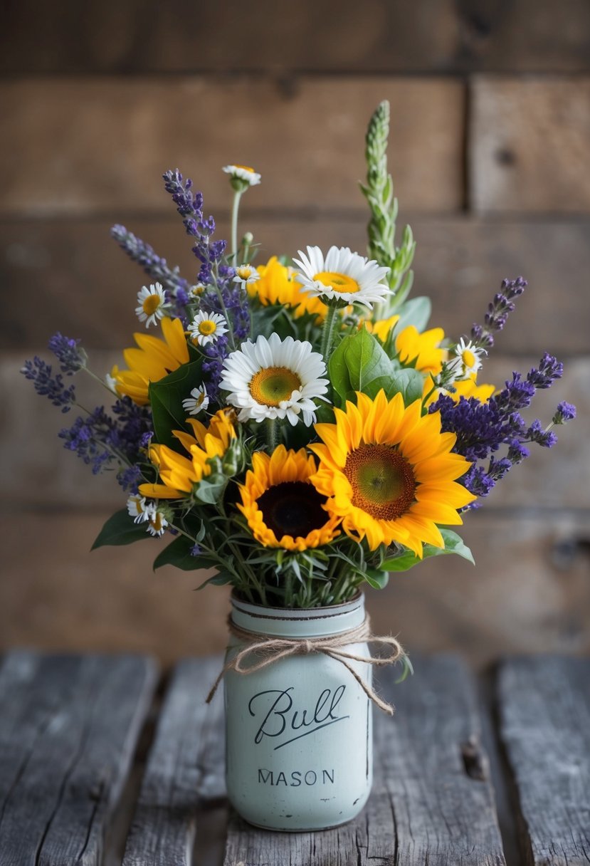 A rustic bouquet of wildflowers, including daisies, sunflowers, and lavender, tied with twine and placed in a vintage mason jar