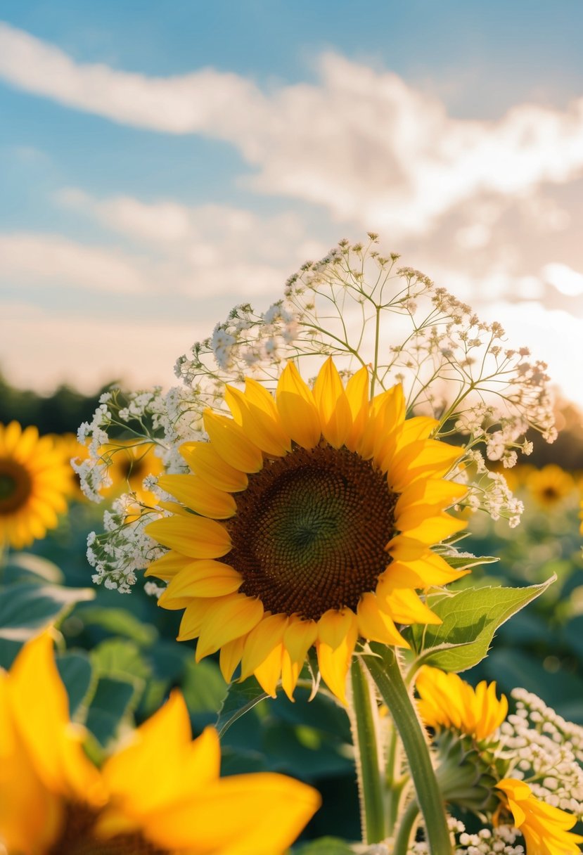 A vibrant sunflower and delicate baby's breath bouquet, bathed in warm sunlight