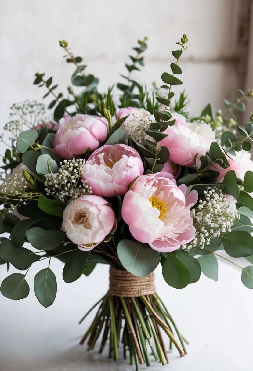 A lush bouquet of pink peonies and green eucalyptus arranged in a rustic, hand-tied style, with delicate sprigs of baby's breath interspersed throughout