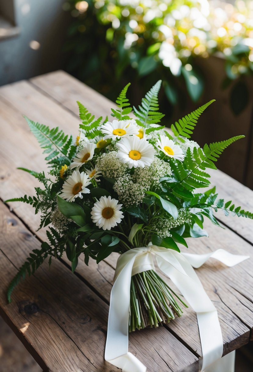 A delicate bouquet of daisies and ferns, intertwined with ribbons, sits on a rustic wooden table. Sunlight filters through the leaves, casting soft shadows