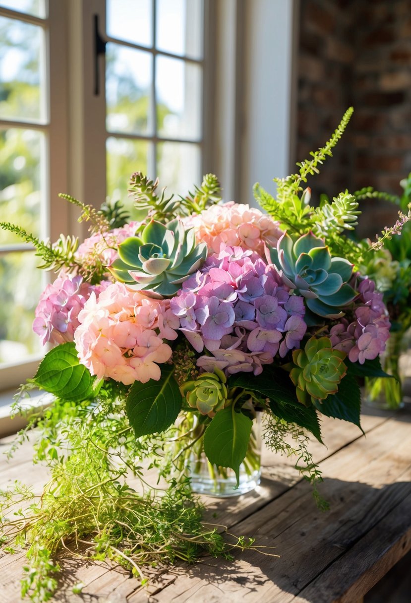 A lush bouquet of hydrangeas and succulents, intertwined with delicate greenery, sits on a rustic wooden table. Sunshine filters through a nearby window, casting a warm glow on the vibrant blooms