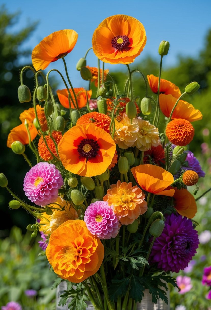 A vibrant bouquet of poppies and dahlias, bursting with summer colors and textures, set against a backdrop of lush greenery and bright blue skies