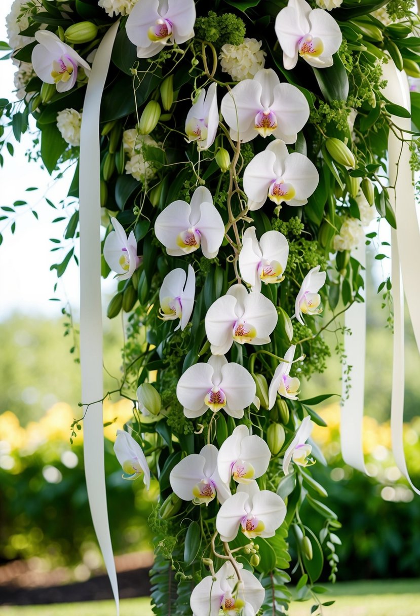 A lush cascade of orchids and greenery, intertwined with delicate vines and flowing ribbons, creating a stunning summer wedding bouquet