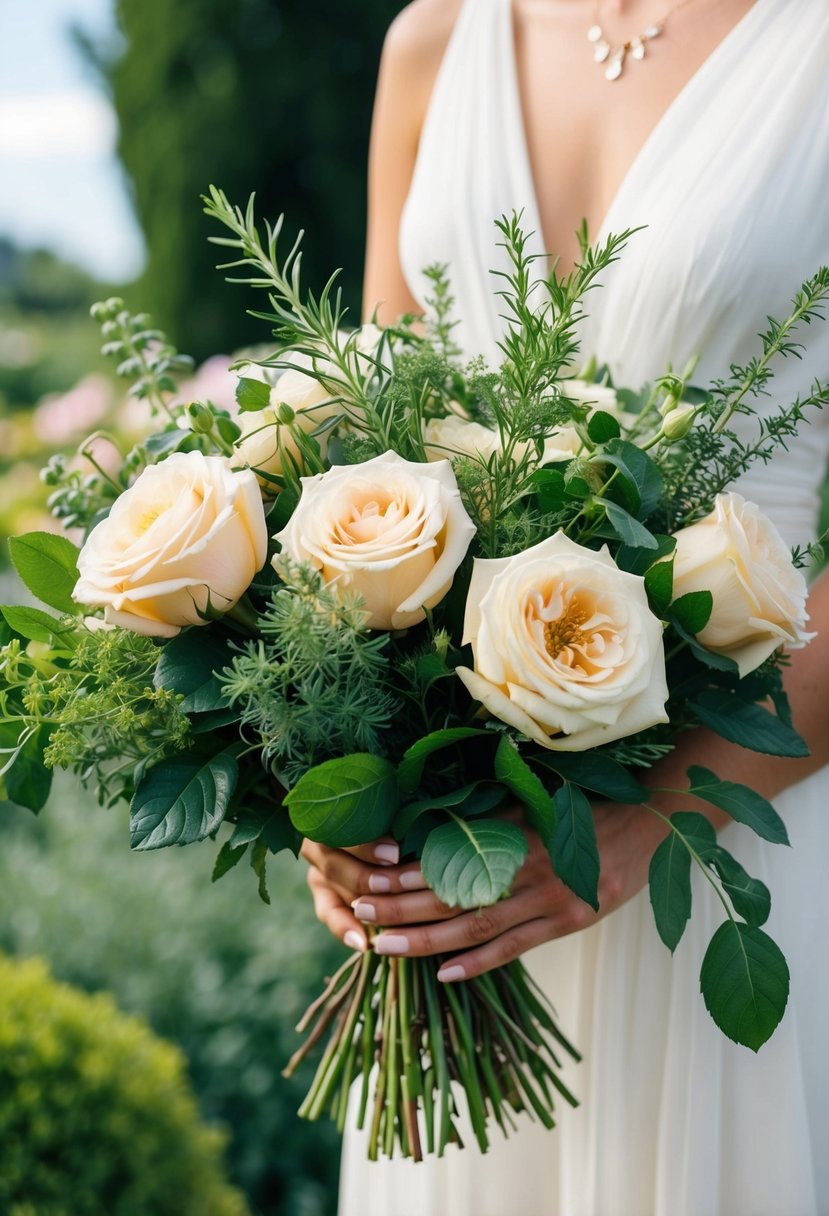 A lush bouquet of garden roses and herbs, arranged in a loose and natural style, perfect for a summer wedding