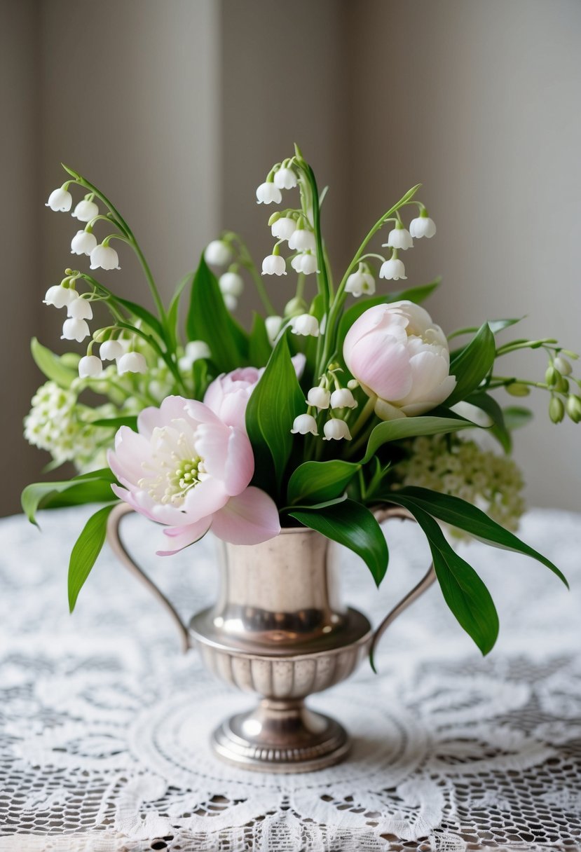 A delicate bouquet of Lily of the Valley, peonies, and soft greenery arranged in a vintage silver vase on a lace-covered table