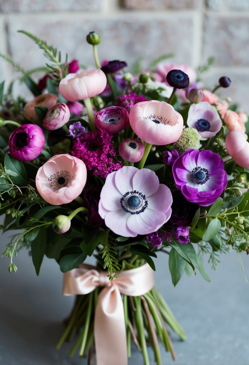 A lush bouquet of ranunculus and anemone in various shades of pink and purple, accented with delicate greenery and tied with a satin ribbon