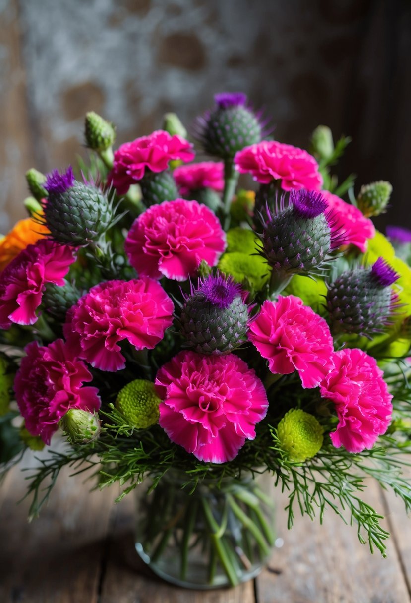 A vibrant bouquet of carnations and thistles arranged in a rustic, wildflower style with pops of bright colors and delicate greenery