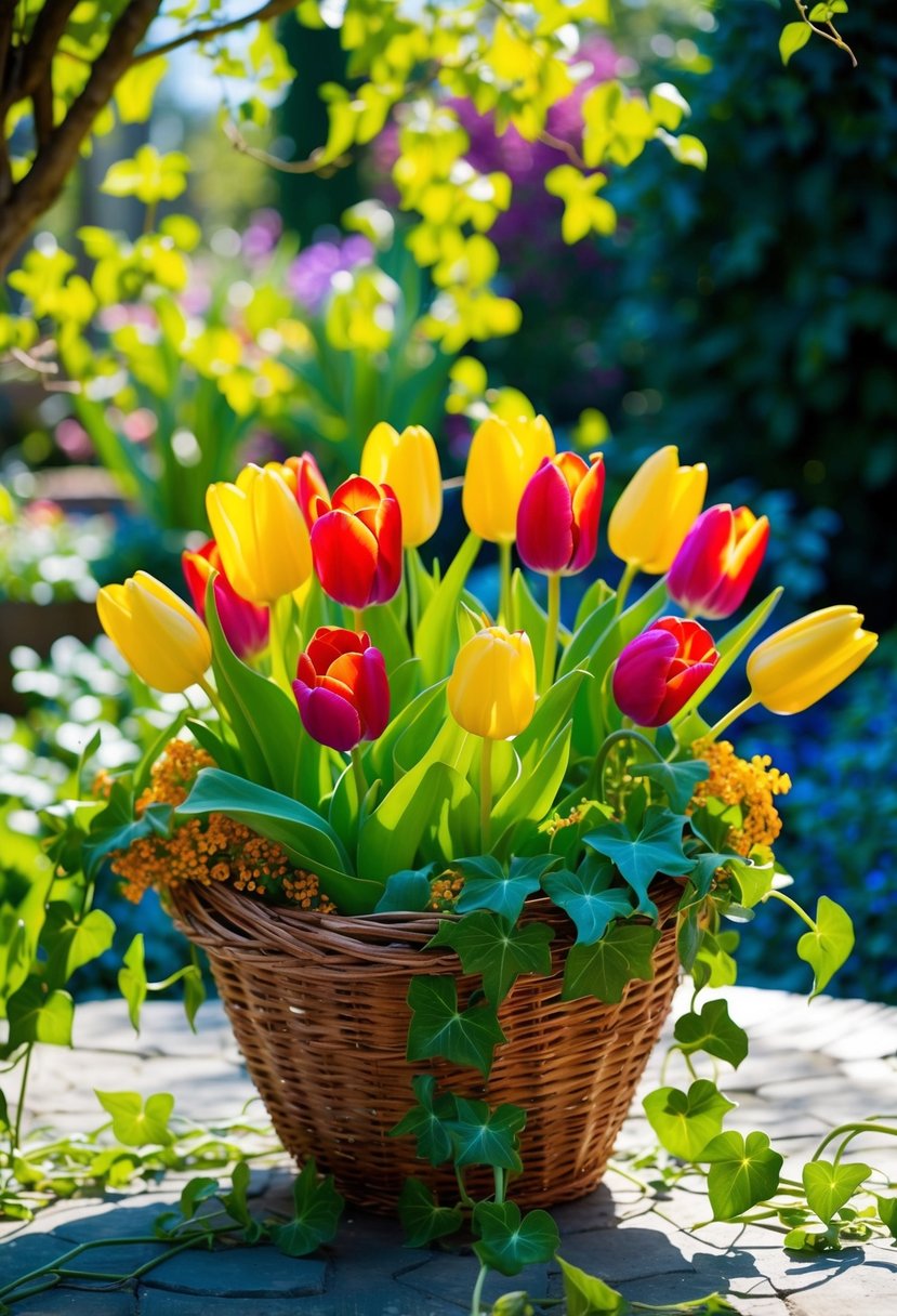 A vibrant bouquet of tulips and ivy, arranged in a rustic basket, surrounded by dappled sunlight in a lush garden setting