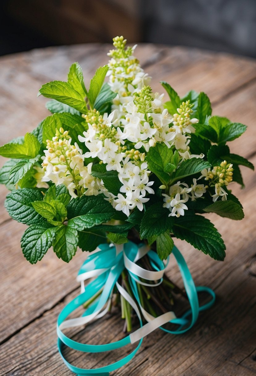 A vibrant bouquet of jasmine and mint, intertwined with whimsical ribbons, rests on a rustic wooden table