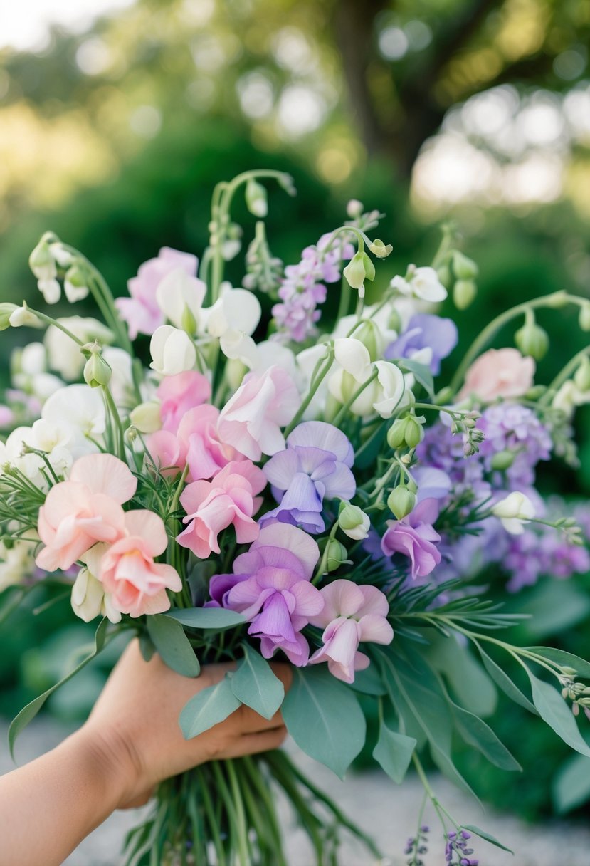 A delicate bunch of pastel sweet peas arranged in a summer wedding bouquet, with soft pink, lavender, and white blossoms intertwined with lush greenery