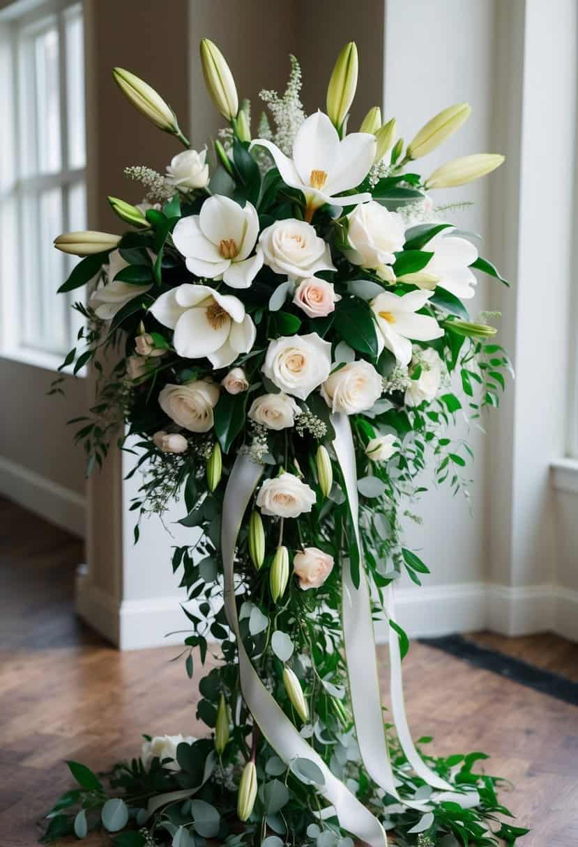 A lush, cascading bouquet of white magnolias, lilies, and roses, accented with delicate greenery and ribbons