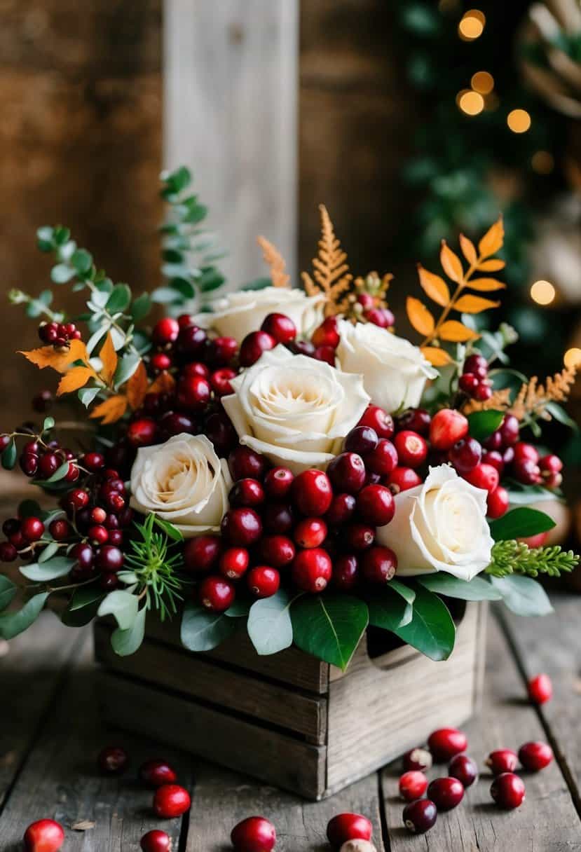 A lush bouquet of deep red cranberries, ivory roses, and fall foliage arranged in a rustic wooden crate