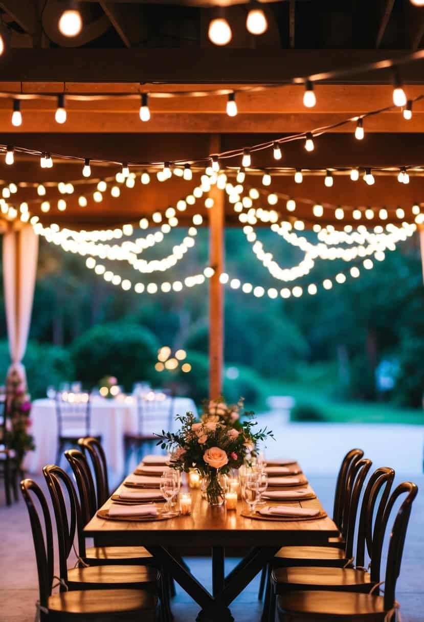 Overhead string lights illuminate a wedding table with romantic ambiance