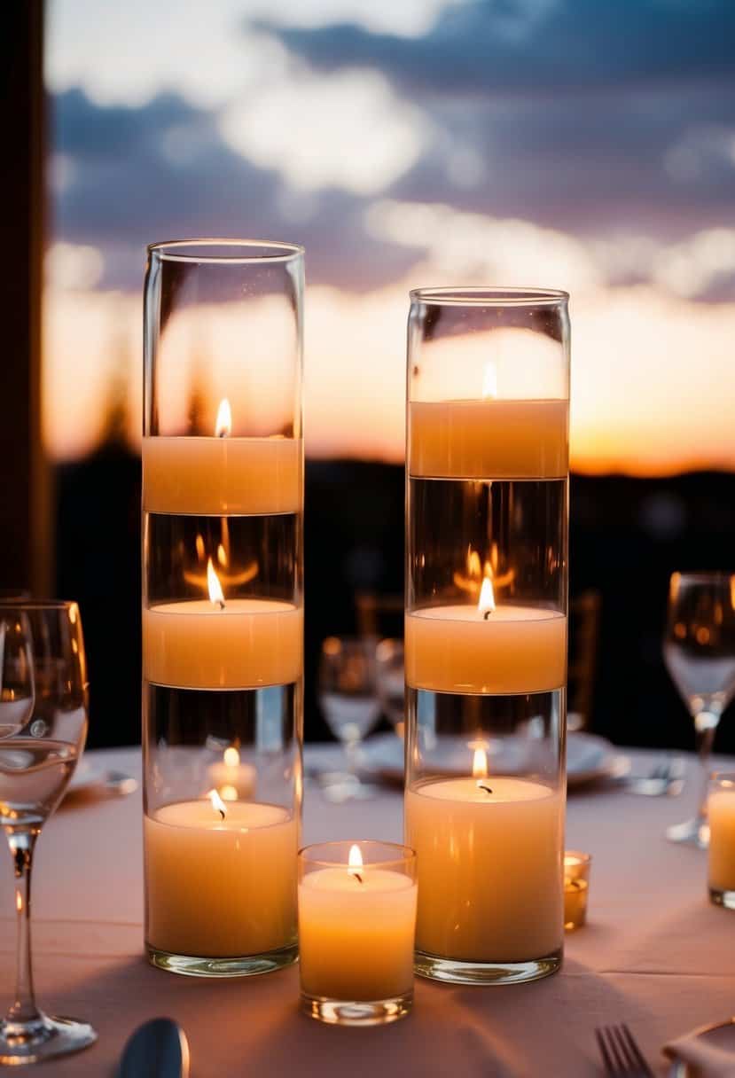 Glass cylinders hold floating candles, casting a warm glow on a wedding table