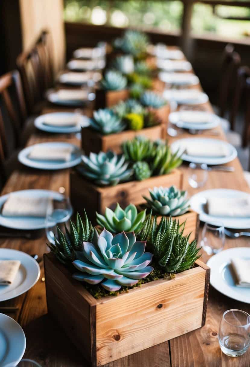 Rustic wooden boxes filled with succulents arranged as wedding table centerpieces