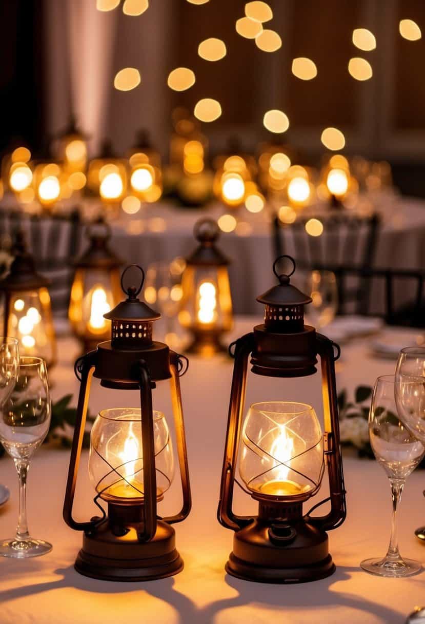 Antique lanterns with twinkling lights illuminate a wedding table, casting a warm and romantic glow over the elegant centerpiece