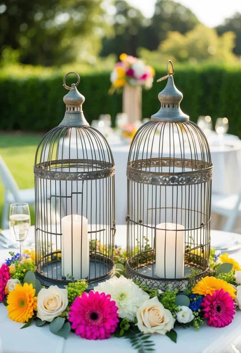 Vintage birdcages adorned with colorful flowers create a charming centrepiece for a wedding table