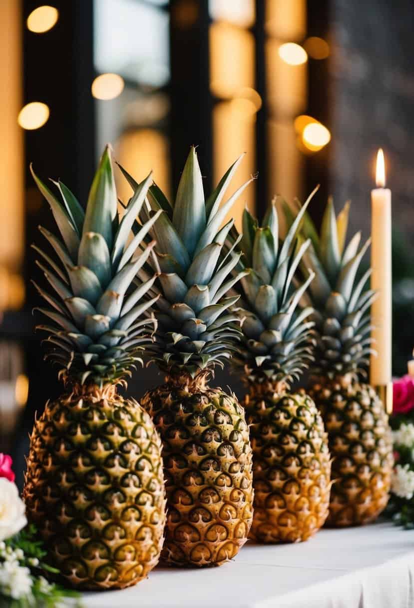 Golden pineapples arranged on a table with flowers and candles