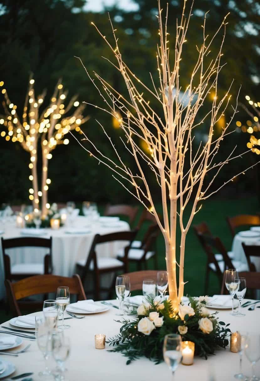 A cluster of slender trees adorned with twinkling fairy lights, serving as a captivating centrepiece for a wedding reception table