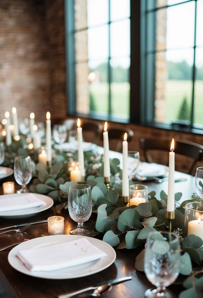 A wedding table adorned with eucalyptus garlands and candles