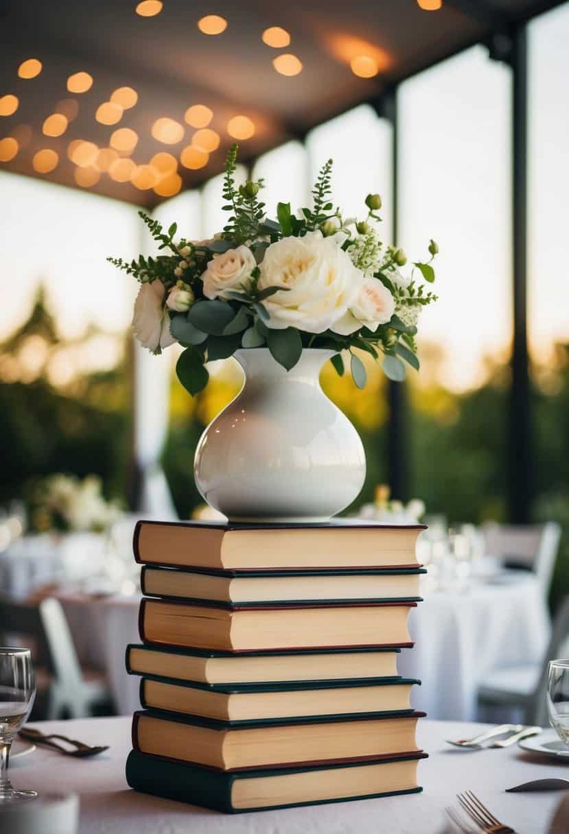 A stack of books with a vase on top, serving as a centrepiece for a wedding table decoration