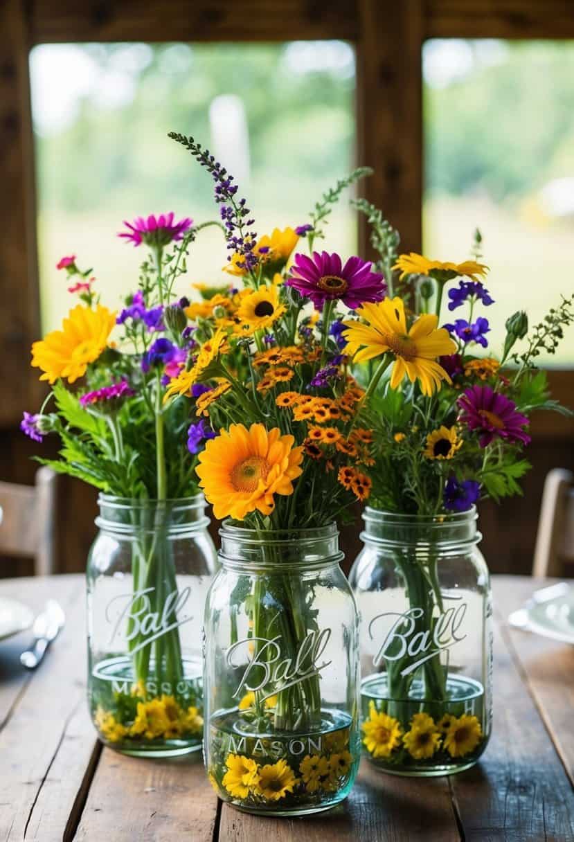 Mason jars filled with colorful wildflowers arranged on a rustic wooden table for a wedding centerpiece