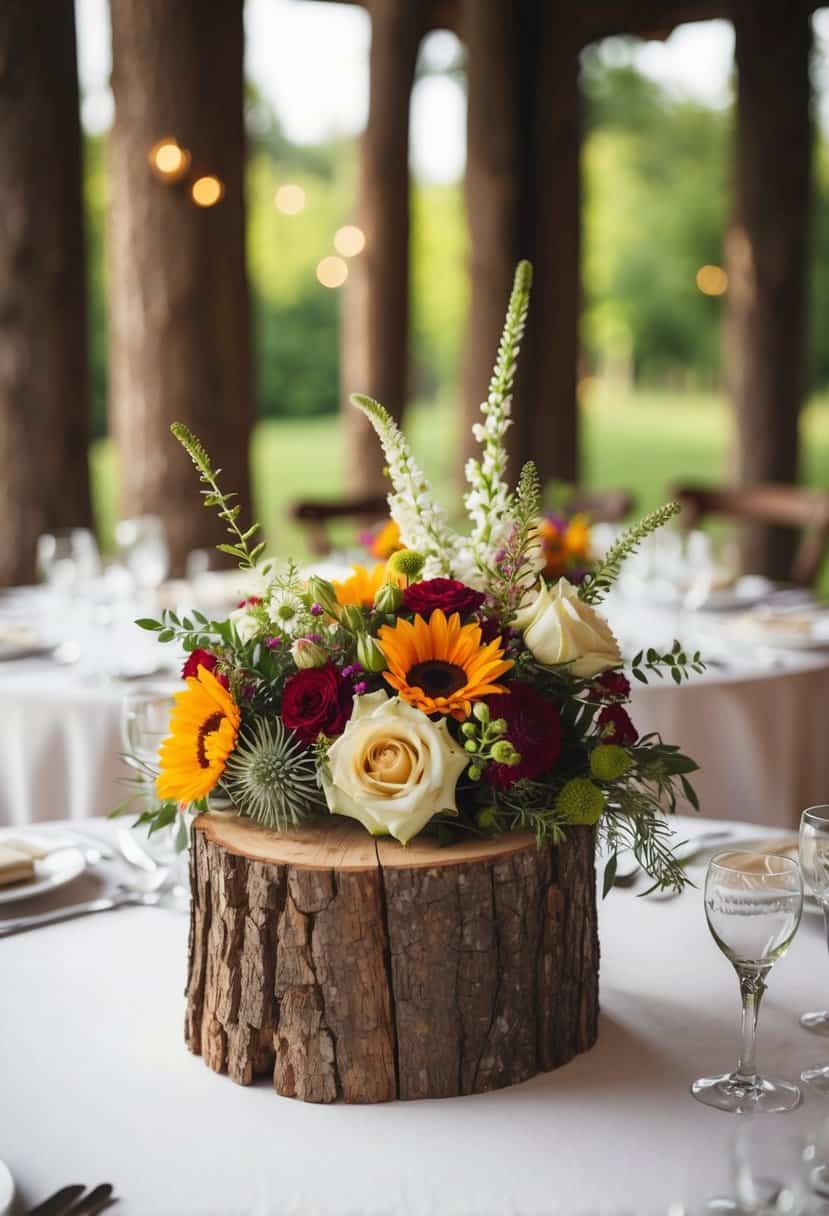 Hollowed-out logs hold vibrant floral arrangements for rustic wedding centerpieces