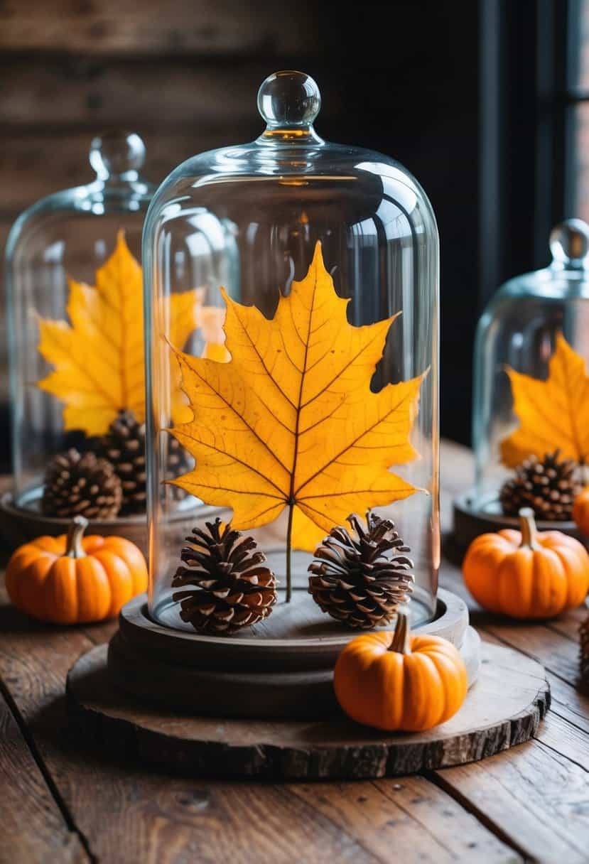 Glass cloches display autumn leaves, pinecones, and mini pumpkins on a rustic wooden table