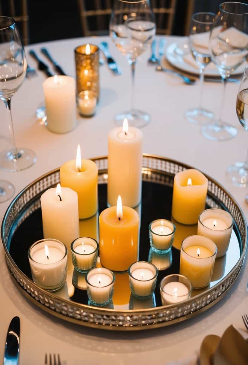 A mirrored tray holds an array of diverse candles, creating a stunning centrepiece for a wedding table decoration