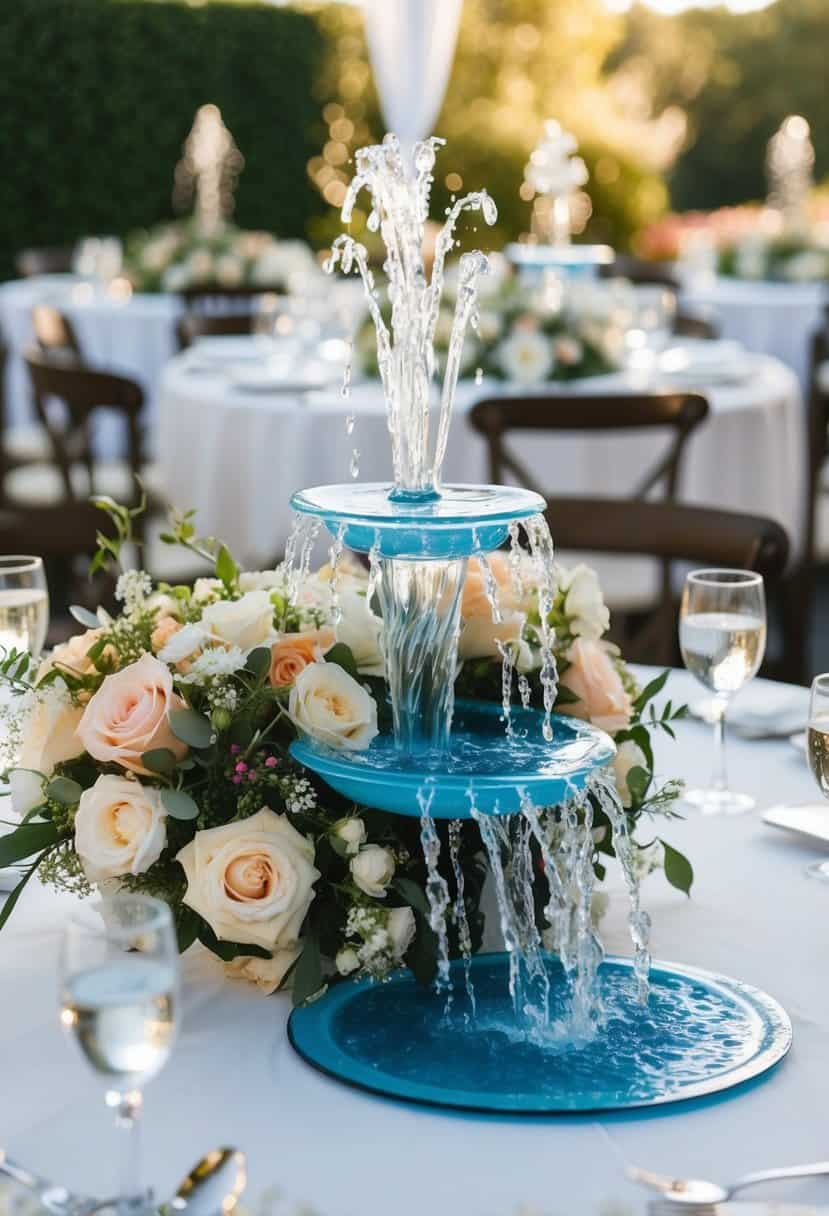 A cluster of mini water fountains cascading from a floral centrepiece on a wedding table