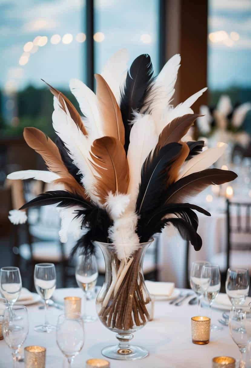 A clear glass vase filled with white, brown, and black feathers arranged in a cascading pattern, serving as a centrepiece for a wedding table