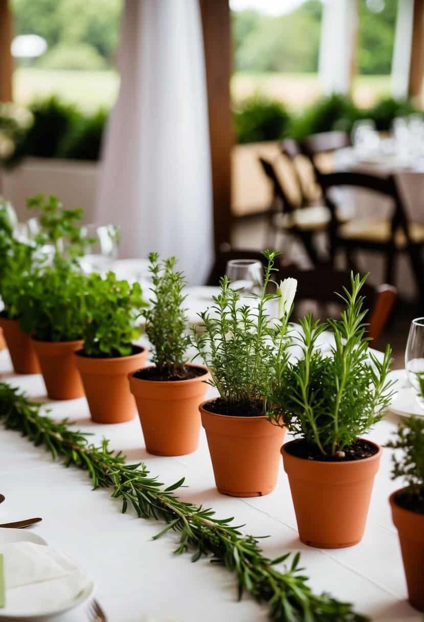 Potted herbs arranged on tables at a wedding, serving as inexpensive and natural decorations