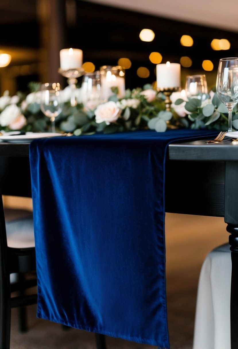 A navy blue velvet table runner drapes elegantly across a dark wooden table, adding a touch of luxury to a wedding reception setting