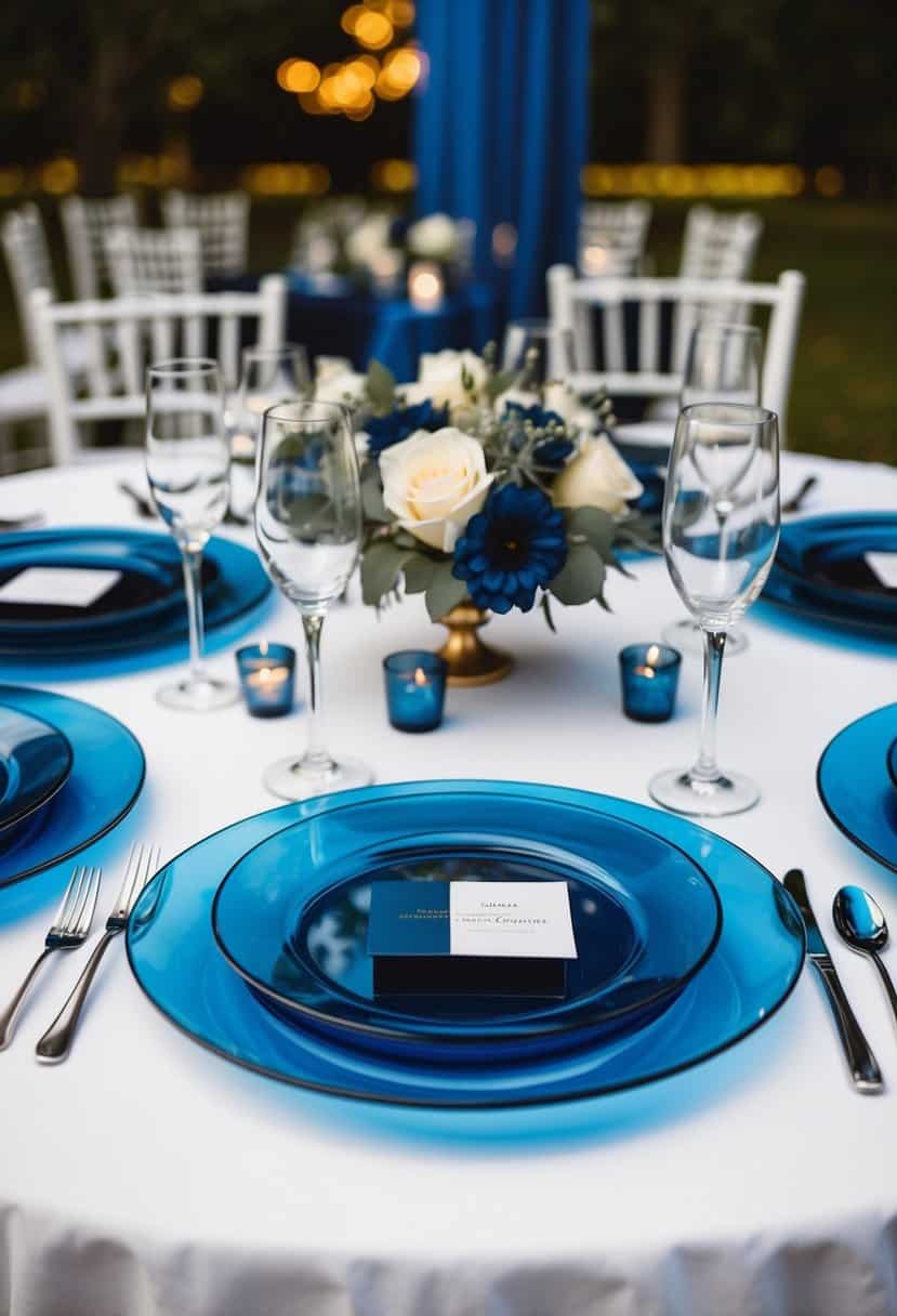 Dark blue glass charger plates arranged on a wedding table with elegant midnight blue decor