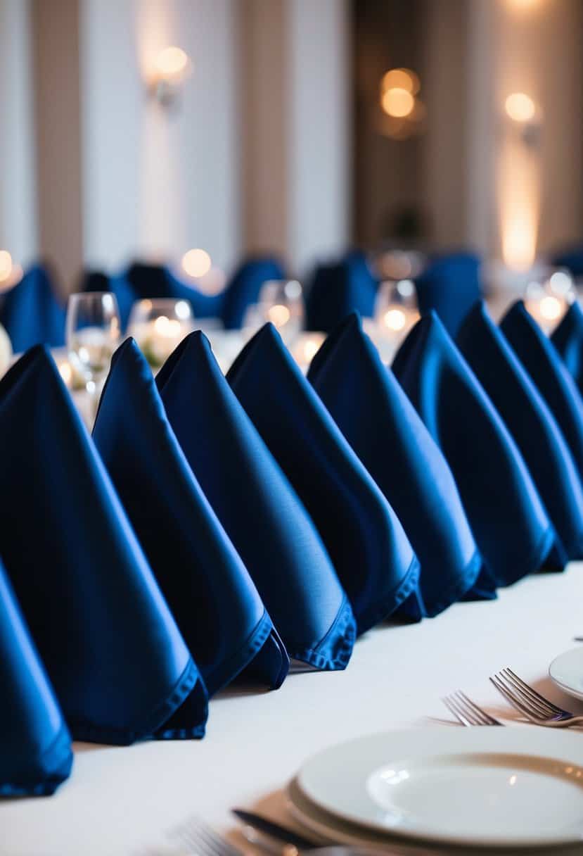 Dark blue silk napkins arranged on a wedding reception table, adding a touch of elegance and sophistication to the decor