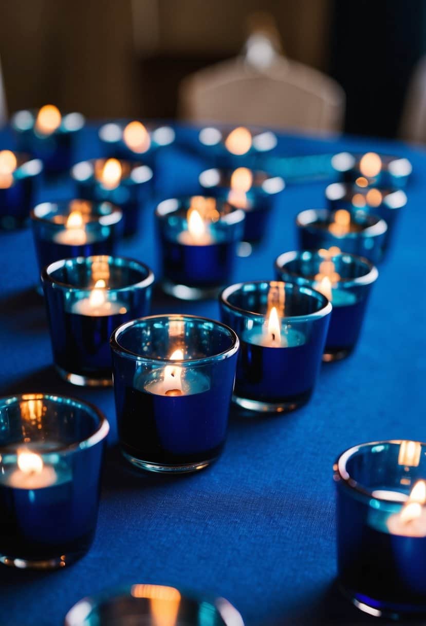 Cobalt blue mercury glass votives arranged on a dark blue wedding table, casting a soft, romantic glow