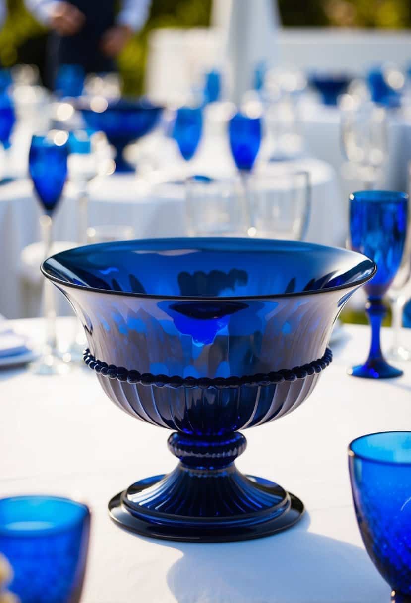 A dark sapphire centerpiece bowl stands on a wedding table, surrounded by other blue decorations