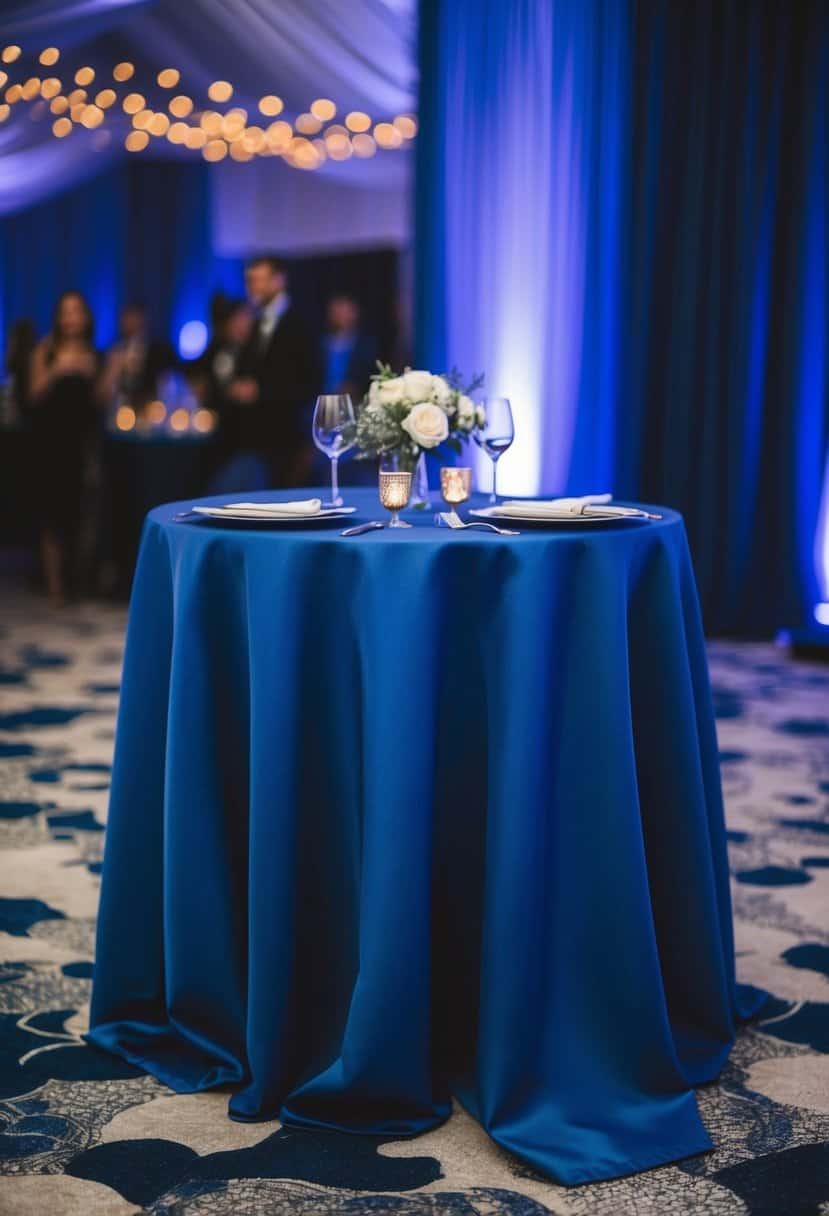 A royal blue linen tablecloth drapes elegantly over a table, creating a dark blue wedding decor