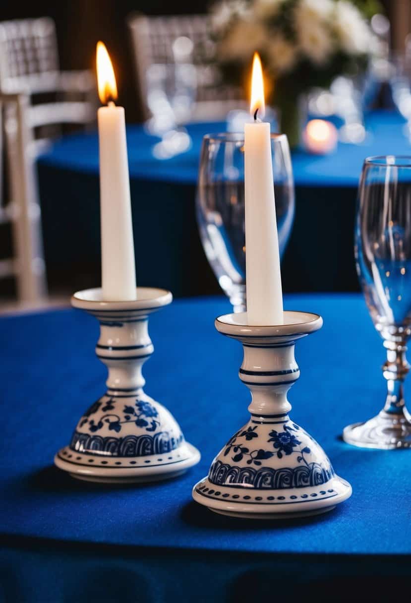 Two blue and white porcelain tea light holders on a dark blue wedding table