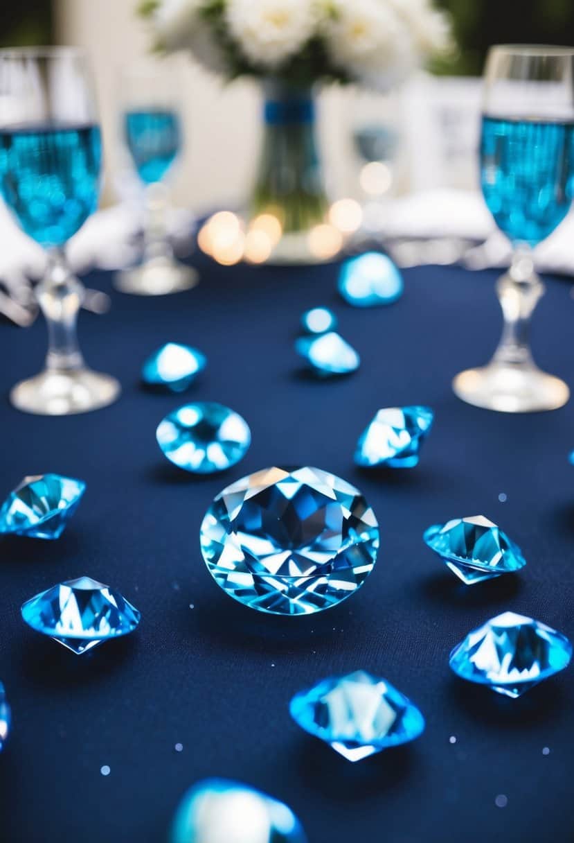 A scattering of twilight blue crystal gems adorning a dark blue wedding table, catching the soft light and adding a touch of elegance to the decor